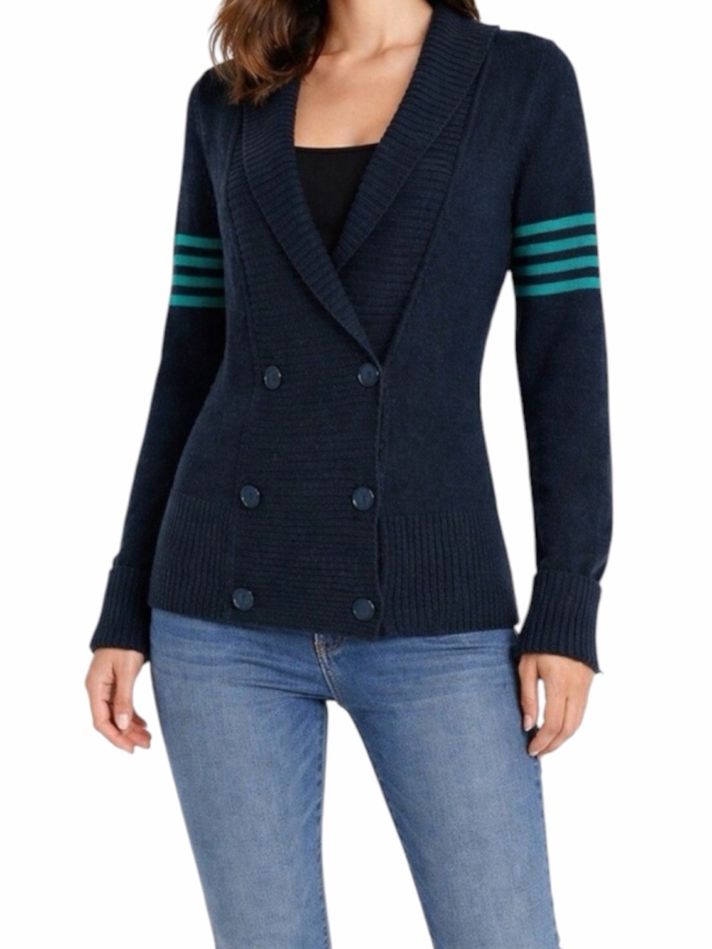Patagonia Navy Double-Breasted Shawl Collar Sweater with Teal Stripe